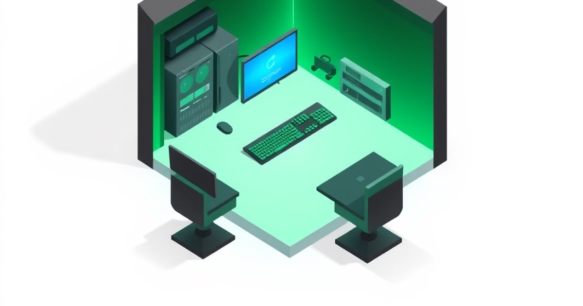 Isometric budget homelab stack showing N100 mini PC, external SATA drive, and Docker container icons