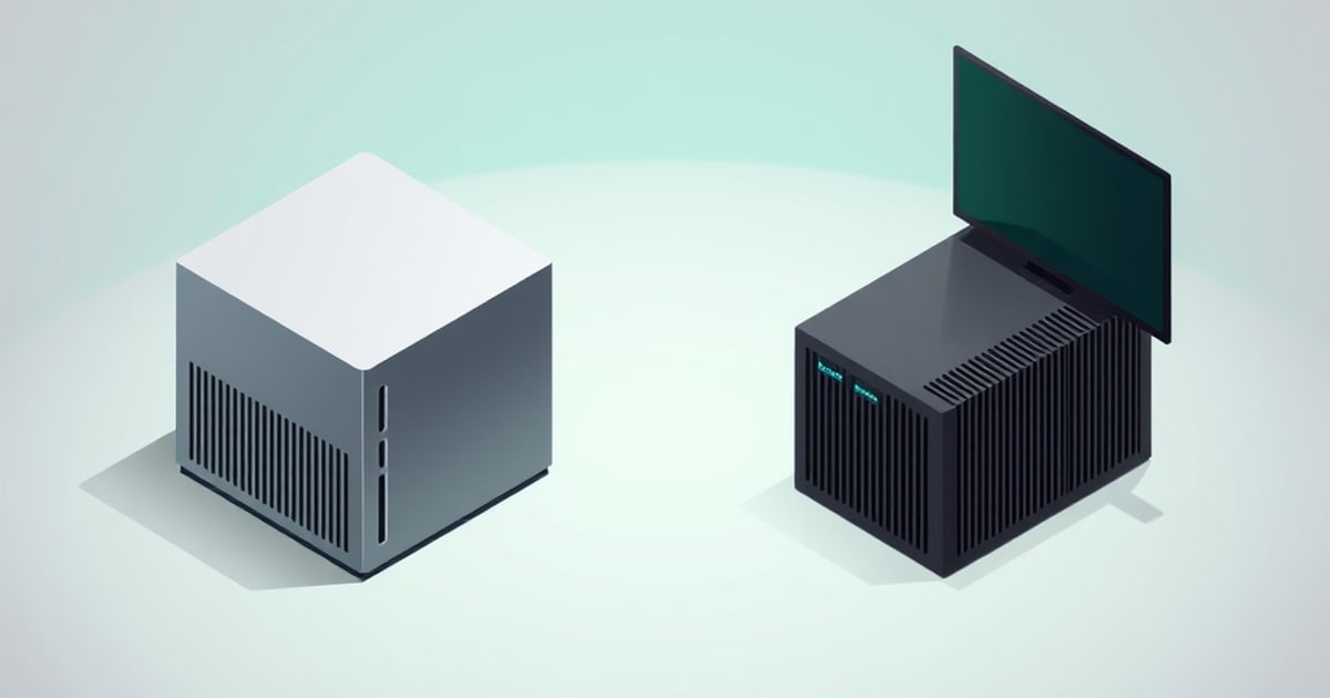 Isometric comparison of Lenovo ThinkCentre Tiny and Intel N100 mini PC showing size, connectivity, and expandability