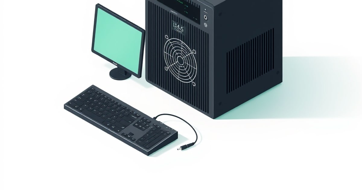 A small desktop UPS unit on a wood shelf next to a fanless mini PC and a network switch